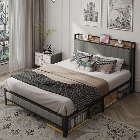 Full-Size，Full metal bed frame with charging headboard.